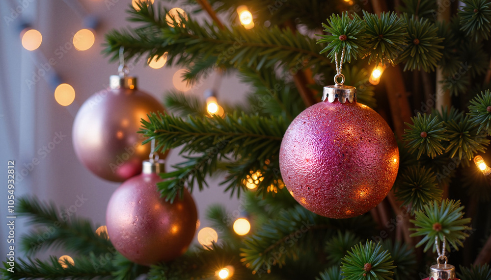 Pink Christmas ornaments hanging on tree with warm lights Pink Christmas ornaments hanging on tree with warm lights