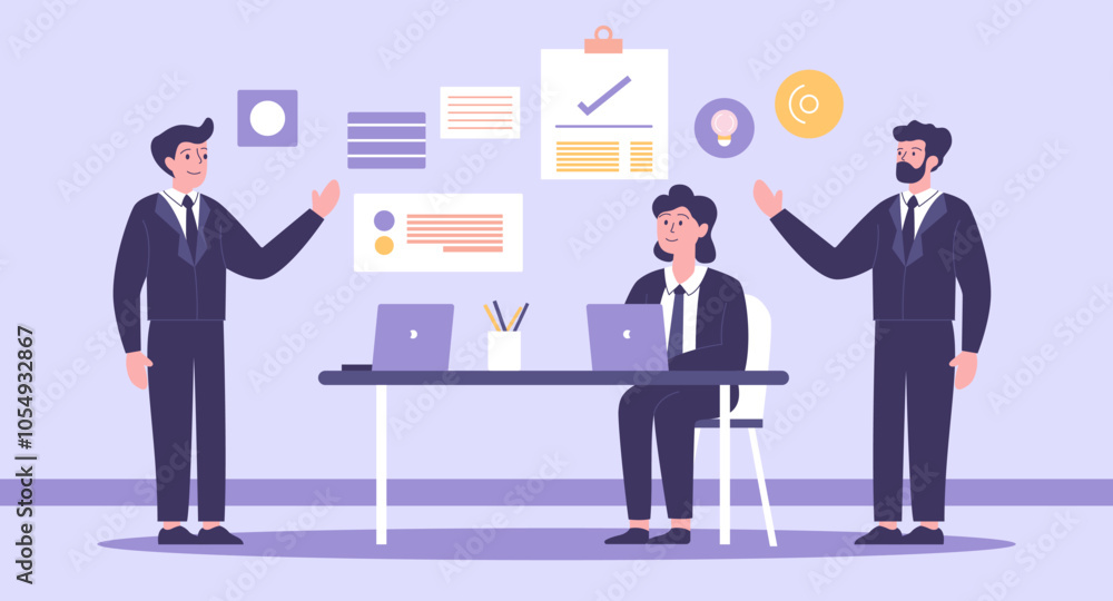 Flat Design Illustration of Teamwork Business Meeting at office with Infographic on Screen Flat Design Illustration of Teamwork Business Meeting at office with Infographic on Screen