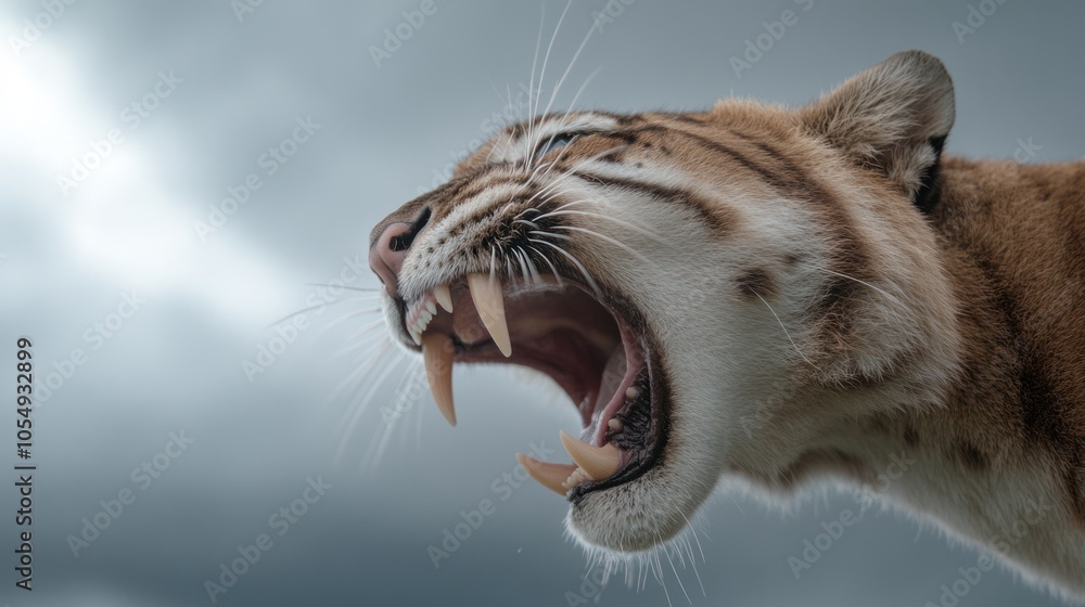 Fototapeta premium Ancient predator: saber-toothed tiger, formidable creature of prehistoric era, known for its distinctive elongated canines, representing a powerful symbol of strength and survival in ancient times.