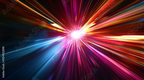 Abstract dark background with light stripes of colorful rays moving from the center.