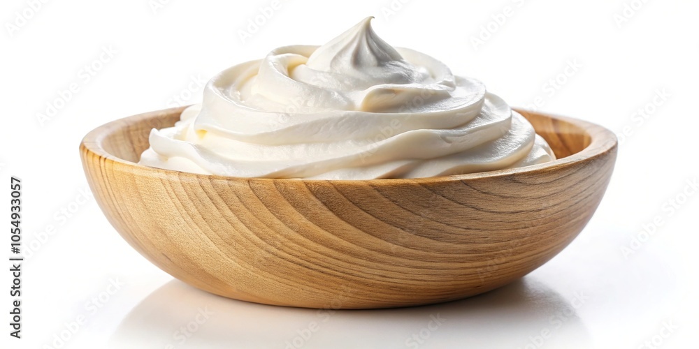 Whipped cream in wooden bowl isolated on white background Whipped cream in wooden bowl isolated on white background