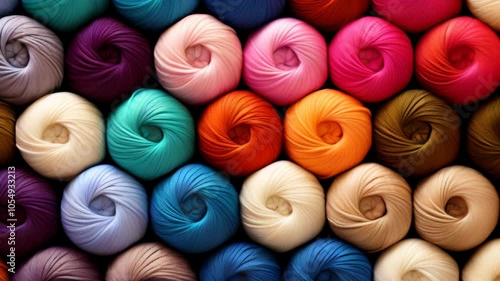 Colorful wool yarn display in a textile shop showcasing various shades and textures for crafting enthusiasts