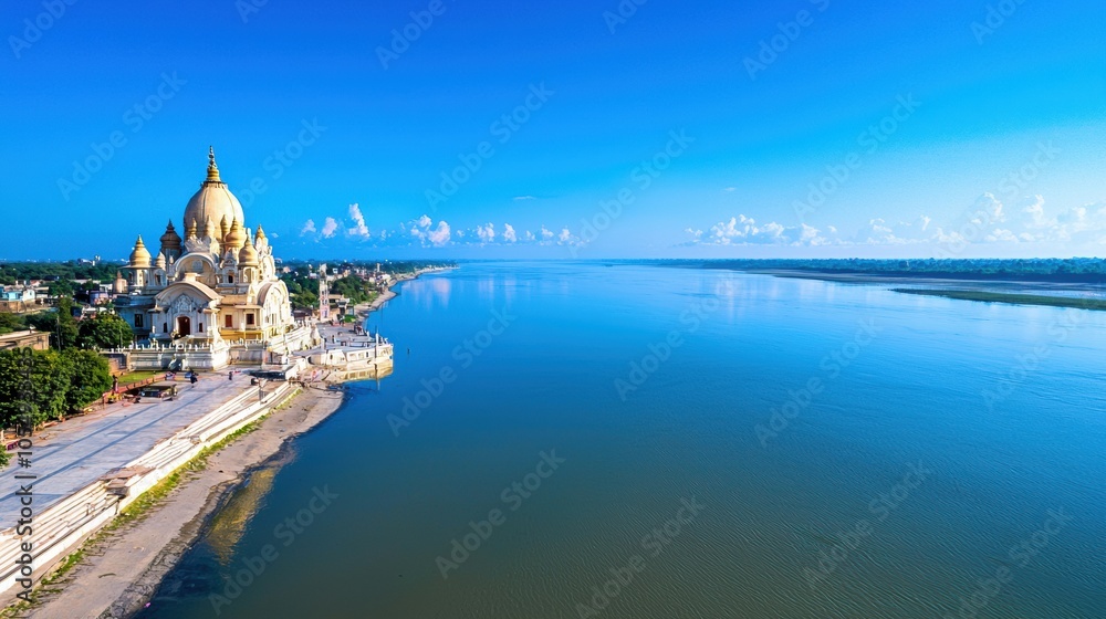 Obraz premium Scenic View of Temple Beside Calm River