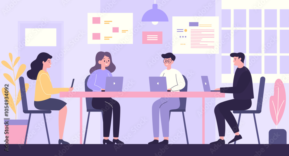 Flat Design Illustration of Teamwork Business Meeting at office with Infographic on Screen Flat Design Illustration of Teamwork Business Meeting at office with Infographic on Screen