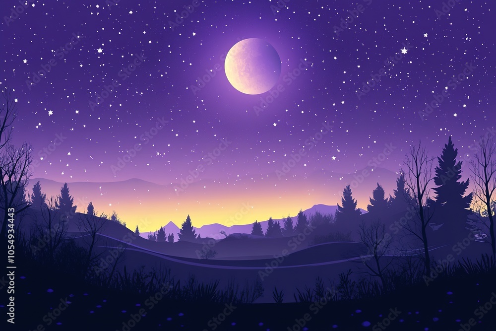A night landscape with a crescent moon, stars, and mountains in the background. A night landscape with a crescent moon, stars, and mountains in the background.