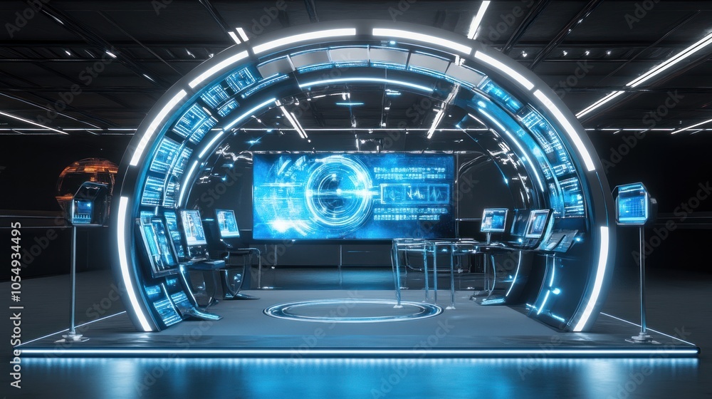 Modular exhibition booth 3D render with futuristic elements, LED screens, and interactive features, designed for a modern trade show environment. Modular exhibition booth 3D render with futuristic elements, LED screens, and interactive features, designed for a modern trade show environment.