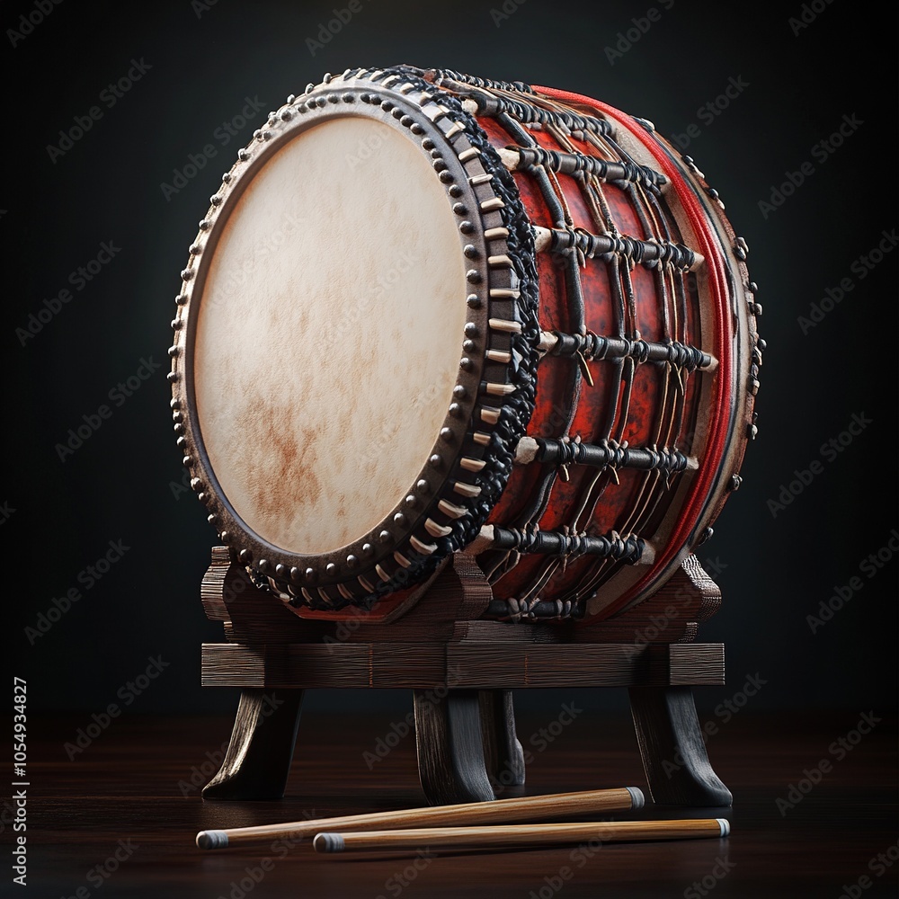 A Traditional Japanese Taiko Drum with Wooden Sticks A Traditional Japanese Taiko Drum with Wooden Sticks