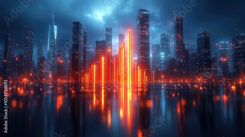 Wallpaper Mural Futuristic cityscape with glowing soundwave visualization. Torontodigital.ca
