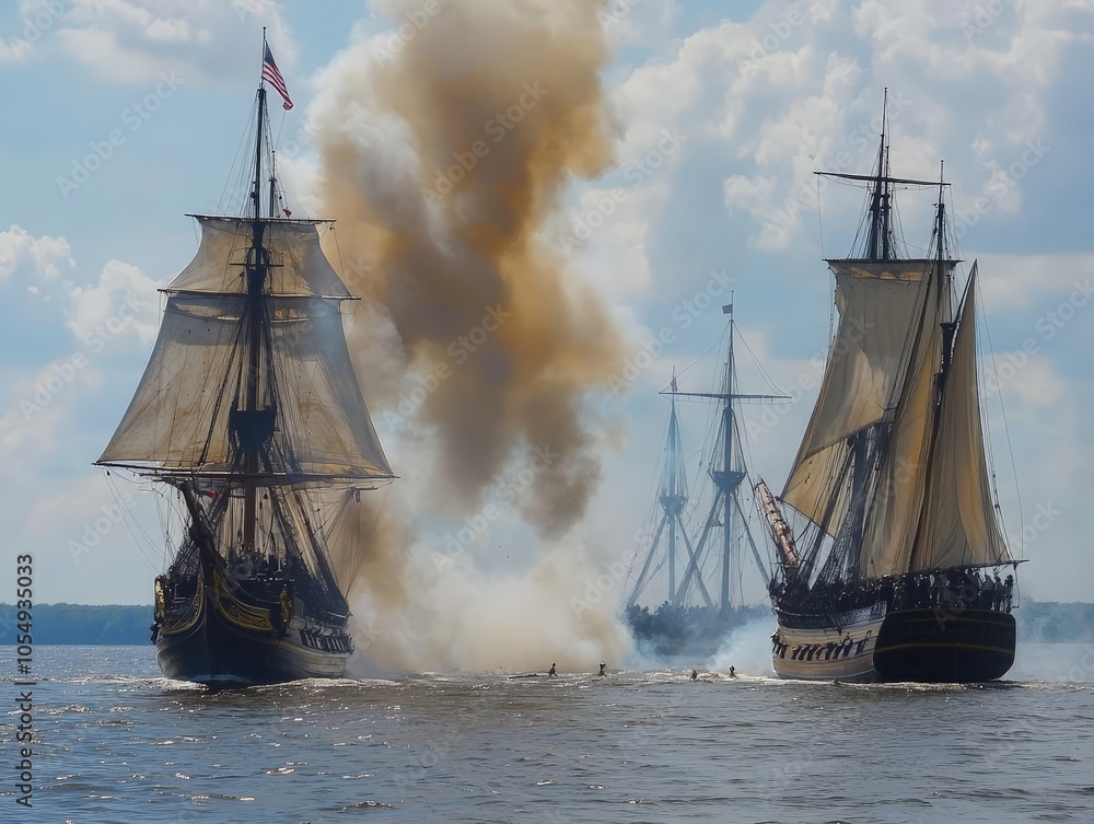 Obraz premium A naval battle reenactment from the War of 1812, with wooden ships firing cannons at close range, sails billowing in the wind.