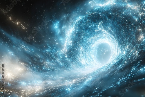 A swirling blue nebula with a bright white hole in the center.