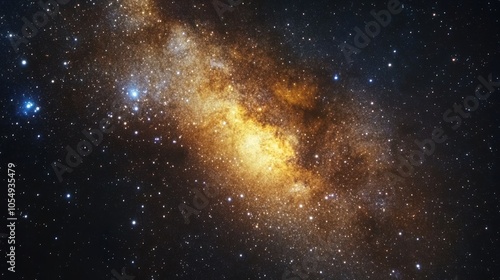 Nighttime galaxy scene, filled with sparkling stars and vibrant clouds of interstellar dust.