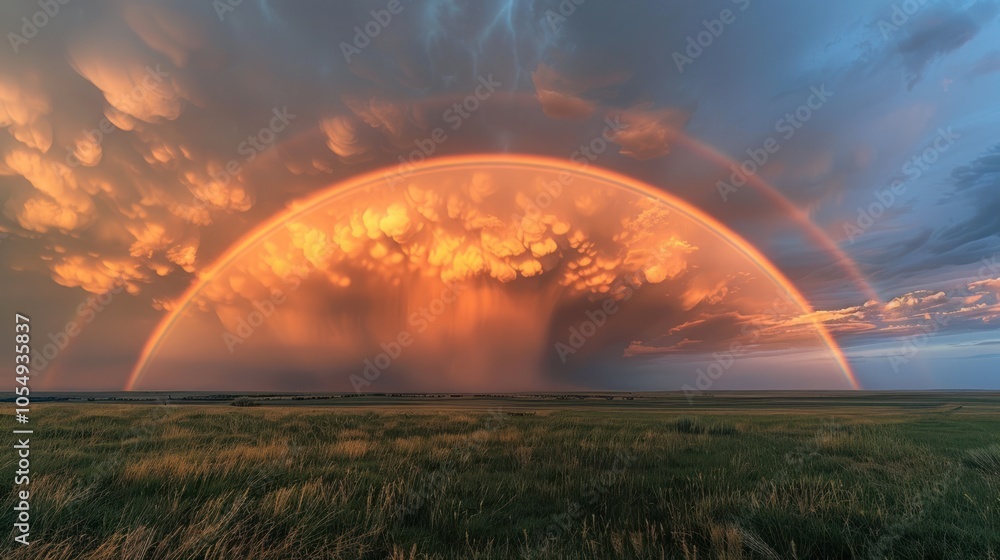 A stormy sky clearing up, with a rainbow emerging through dark clouds, creating a dramatic yet hopeful scene. A stormy sky clearing up, with a rainbow emerging through dark clouds, creating a dramatic yet hopeful scene.