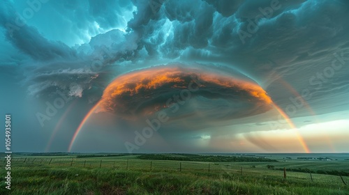 A stormy sky clearing up, with a rainbow emerging through dark clouds, creating a dramatic yet hopeful scene. photo