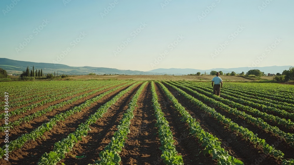 A peaceful organic farm, with rows of vegetables growing under clear skies and a farmer tending to the crops by hand. A peaceful organic farm, with rows of vegetables growing under clear skies and a farmer tending to the crops by hand.
