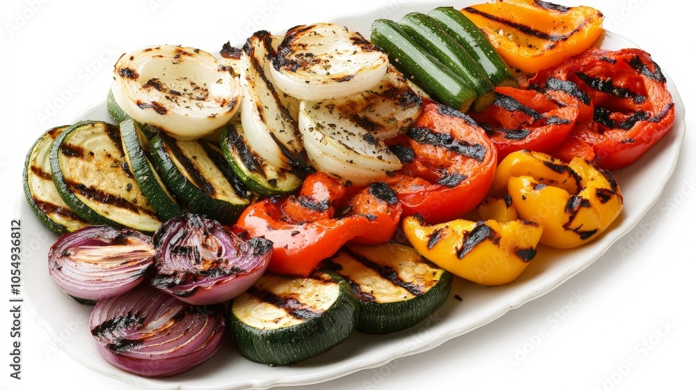 A platter of perfectly grilled vegetables, including zucchini, bell peppers, and onions, with light grill marks, isolated on a white background A platter of perfectly grilled vegetables, including zucchini, bell peppers, and onions, with light grill marks, isolated on a white background