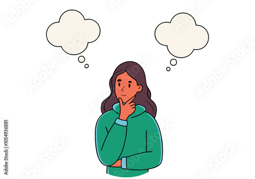 A woman is thinking, has an idea, speech bubbles. Hand drawn style vector design illustrations.