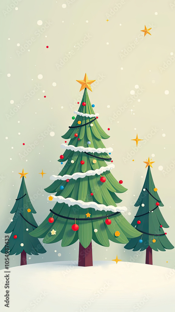 vertical illustration of a Christmas tree decorated with gold and red balls and a yellow star, with red gift boxes under the tree on the snow, light background vertical illustration of a Christmas tree decorated with gold and red balls and a yellow star, with red gift boxes under the tree on the snow, light background