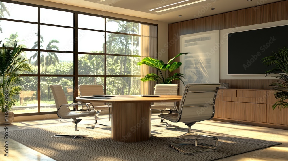 Modern conference room with a round table, chairs, and large windows. Modern conference room with a round table, chairs, and large windows.