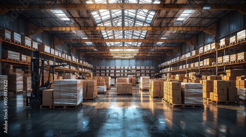 Large warehouse filled with stacked boxes and pallets during daytime hours with ample natural light from skylights