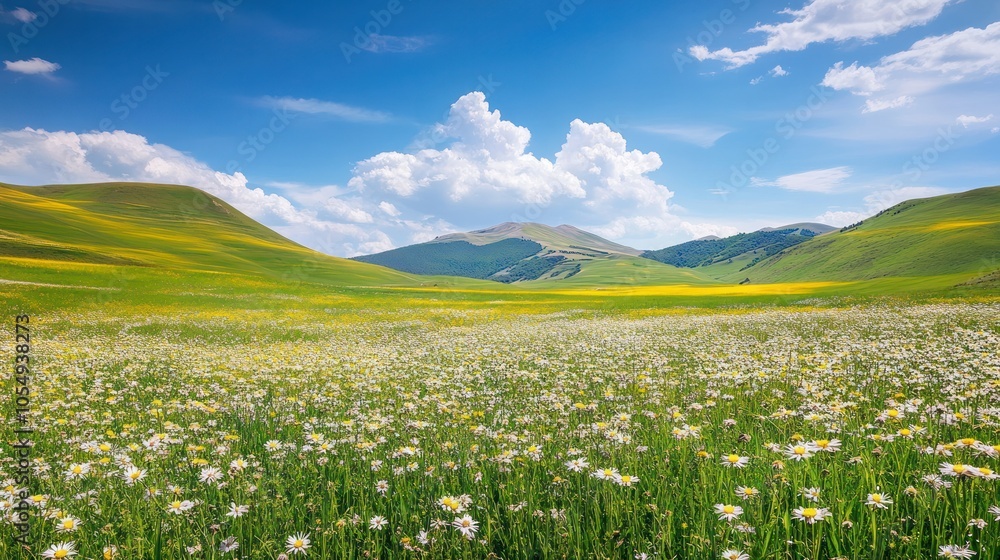 A serene spring landscape with vibrant green hills and blooming wildflowers under a blue sky A serene spring landscape with vibrant green hills and blooming wildflowers under a blue sky