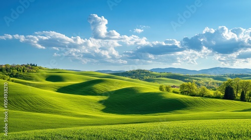 A peaceful spring landscape with rolling hills and a clear blue sky