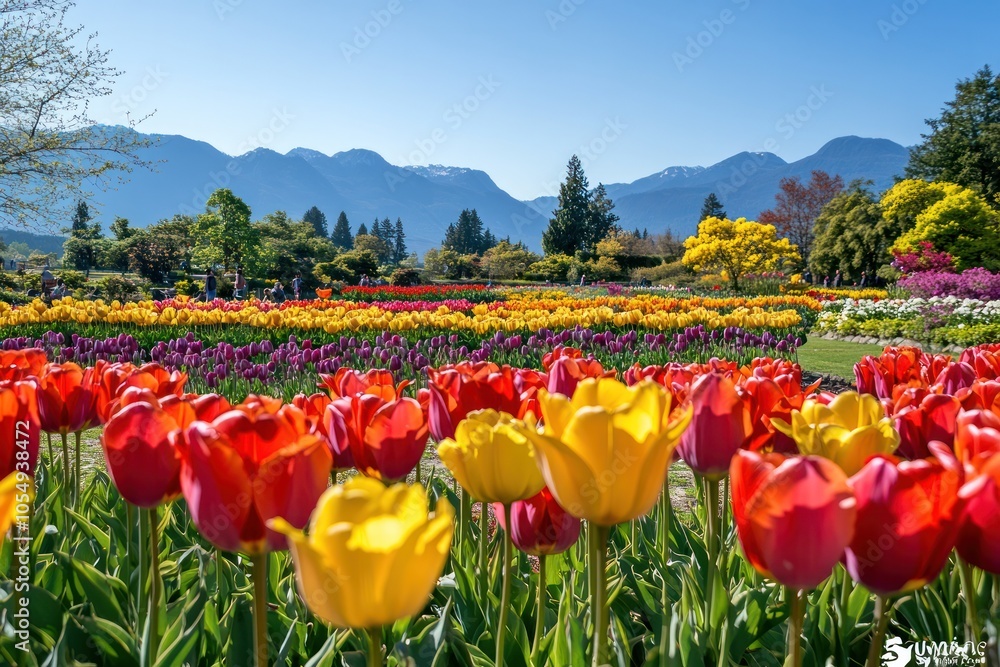 A tulip garden in spring with bright reds, yellows, and purples, under a clear sky A tulip garden in spring with bright reds, yellows, and purples, under a clear sky