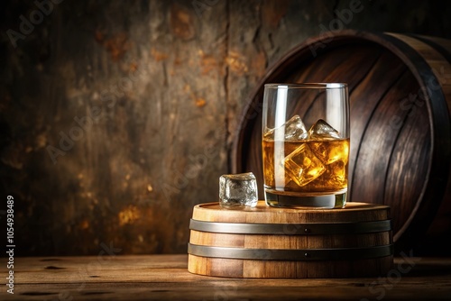 whisky glass with ice flakes on wooden barrel and unbranded whisky bottle