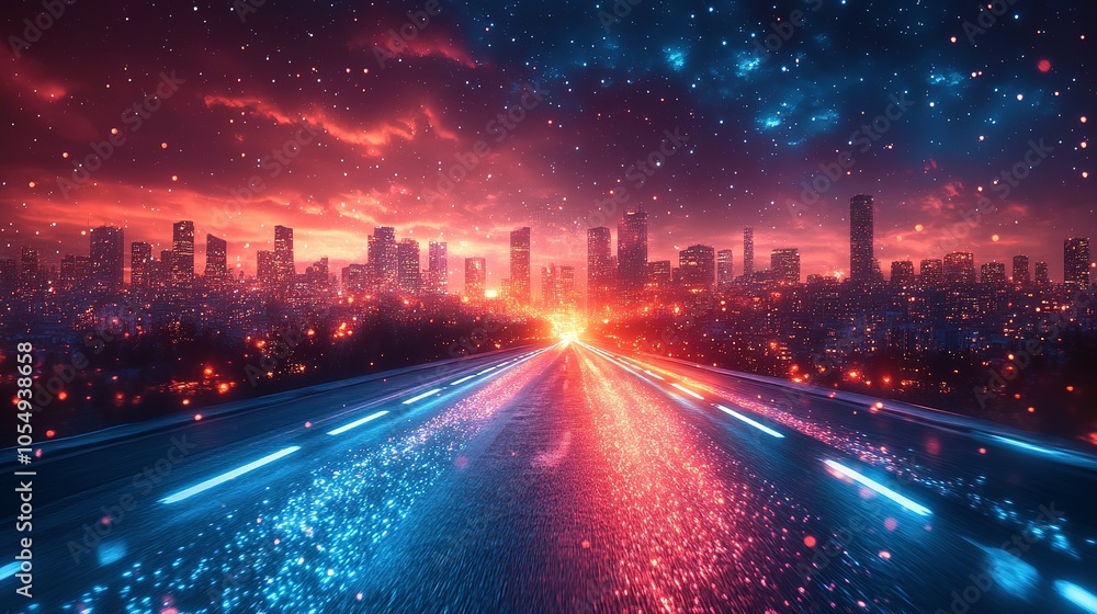 A Futuristic Highway Through a Night City Under a Starry Sky A Futuristic Highway Through a Night City Under a Starry Sky