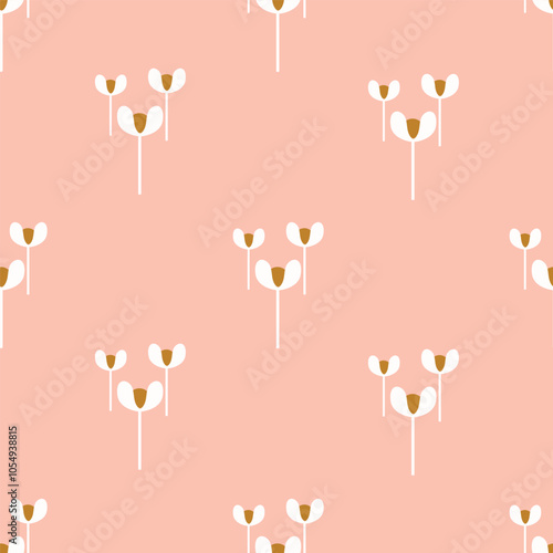 Off white blooms with mustard yellow centre arranged in pairs of three on a light pink background. A seamless vector pattern. Great for home decor, fabric, wallpaper, gift wrap, stationery, packaging.
