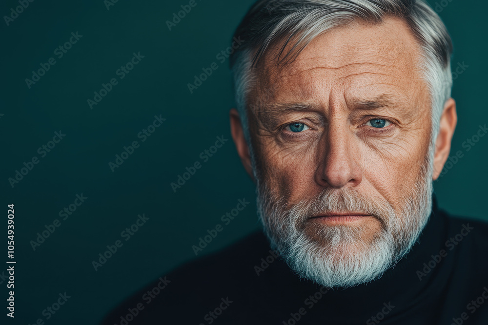 Portrait of Mature Man with Gray Beard and Pensive Look Against Dark Background Portrait of Mature Man with Gray Beard and Pensive Look Against Dark Background