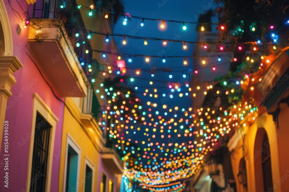 Fototapeta premium Bright festive lights strung across streets and buildings for a New Year celebration