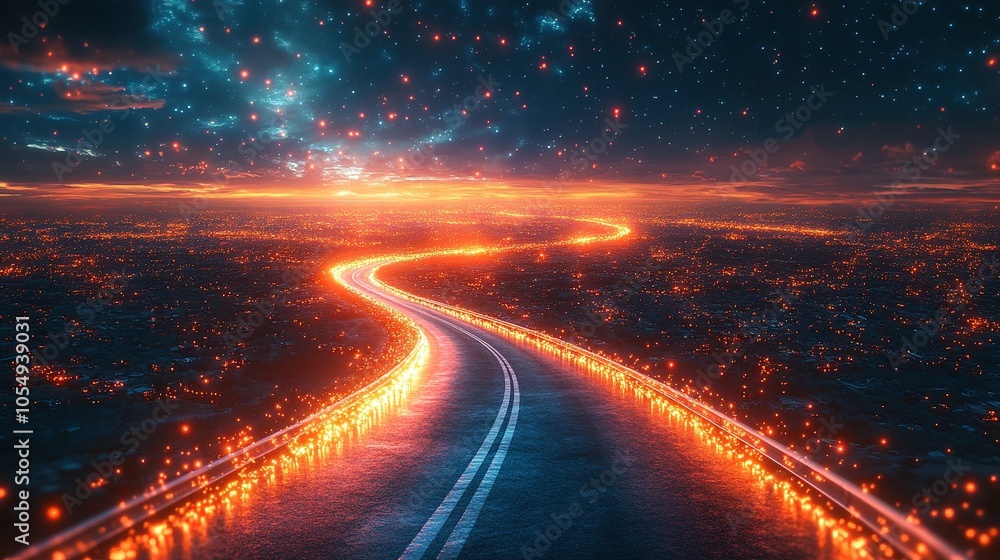Fototapeta premium A Winding Road Through a City Lit Up by Starry Lights