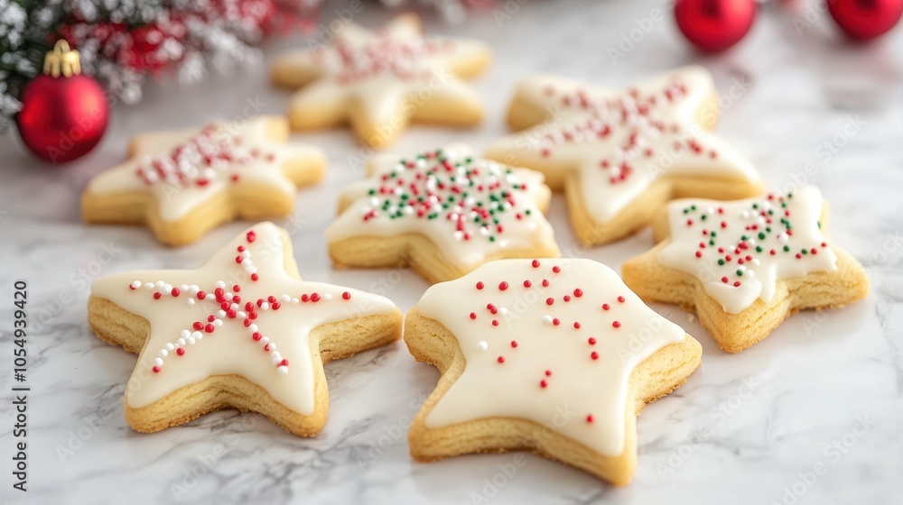 Christmas cookies in festive shapes, decorated with icing and sprinkles, ready to be enjoyed Christmas cookies in festive shapes, decorated with icing and sprinkles, ready to be enjoyed