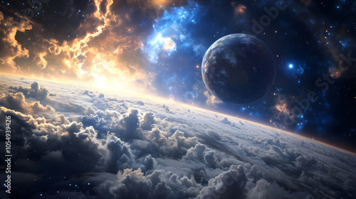 Stunning Cosmic Landscape with Distant Planet and Clouds