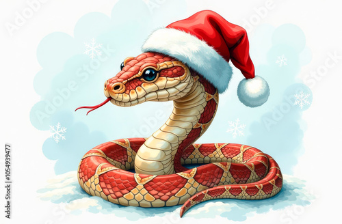 Snake in Santa hat on winter background. Illustration