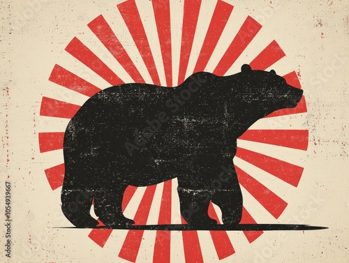 Bold Bear Silhouette Against a Retro Red Sunburst Background for Creative Designs