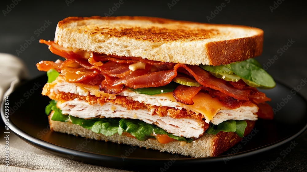 A delicious sandwich with crispy chicken, bacon, lettuce, tomato, and cheese. A delicious sandwich with crispy chicken, bacon, lettuce, tomato, and cheese.