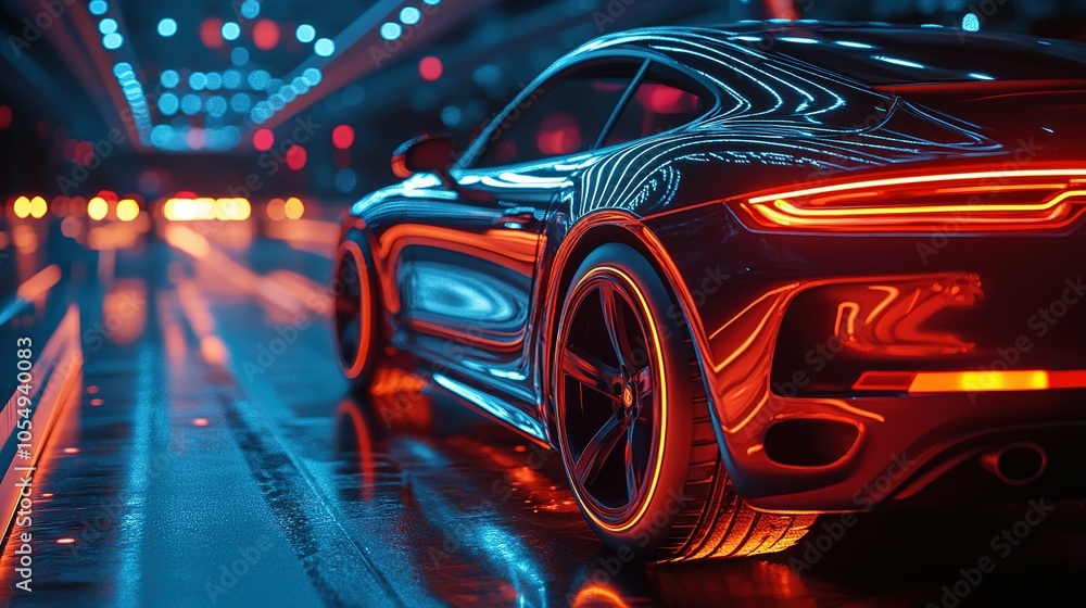 Black Sports Car with Red Taillights in a Neon-Lit Tunnel Black Sports Car with Red Taillights in a Neon-Lit Tunnel
