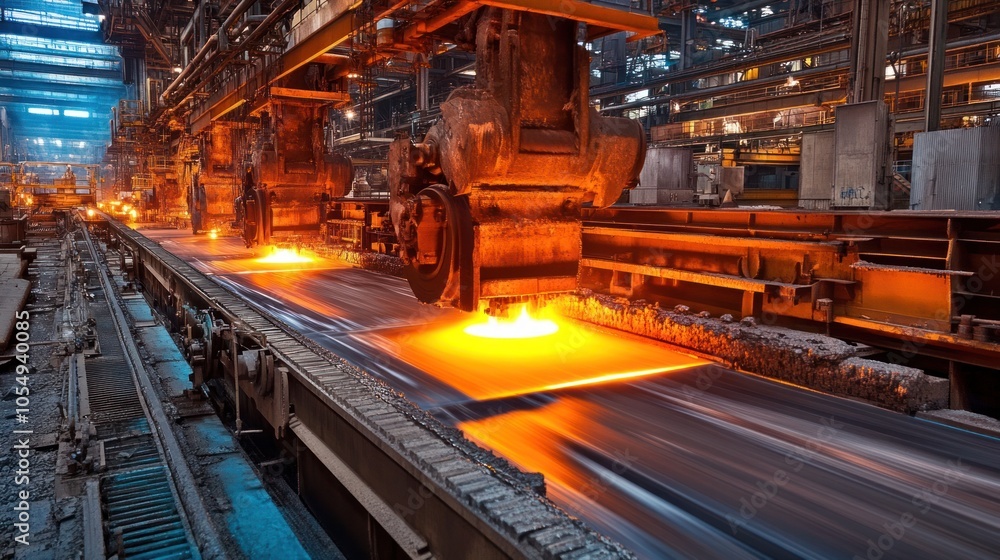 Steel production in a massive industrial plant, with molten metal and heavy machinery in action. Steel production in a massive industrial plant, with molten metal and heavy machinery in action.