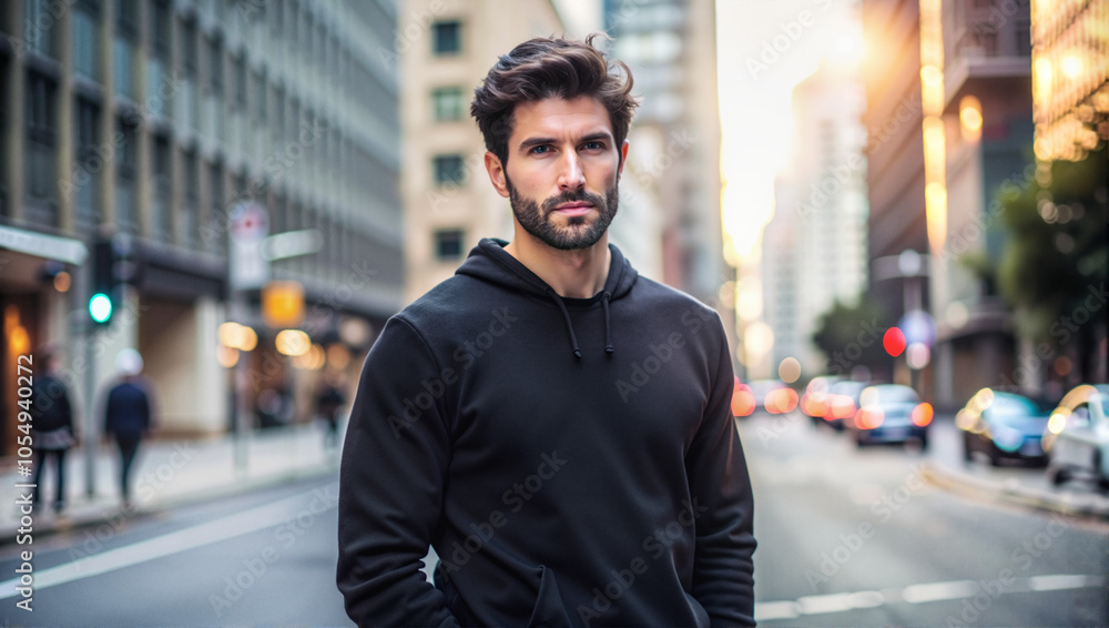 Handsome man in black hoodie standing on city street at sunset Handsome man in black hoodie standing on city street at sunset