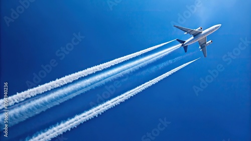 White airliner flying at a tilted angle with vapor trail in clear blue sky