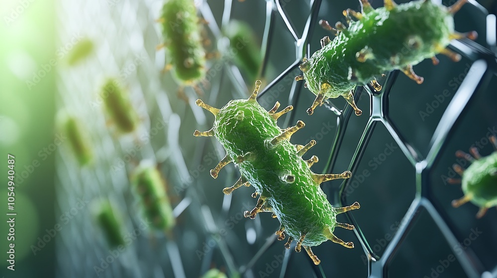 Naklejka premium Digital Barrier with Floating Bacteria: A digital-looking, hexagonal barrier with germs attempting to pass but failing, representing a modern, high-tech approach to germ protection.