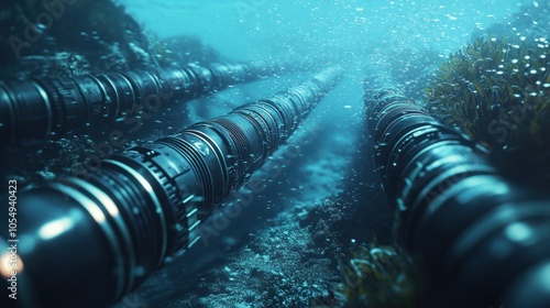 Subsea communication technology, visualizing fiber optic cables in the ocean.