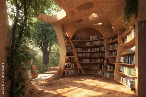 A sustainable eco-friendly library with recycled wood and solar-powered lighting, designed for minimal energy consumption. photo