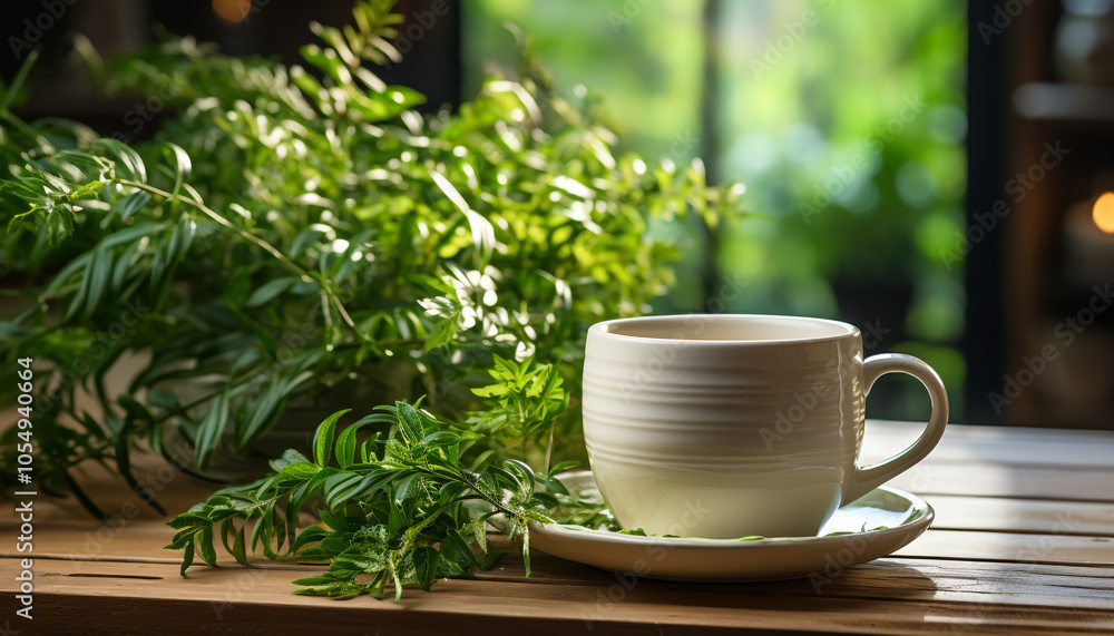 Fresh coffee in a wooden cup, nature perfect relaxation Fresh coffee in a wooden cup, nature perfect relaxation
