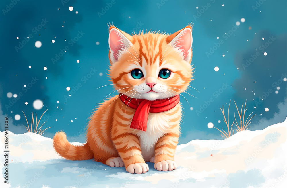 Ginger kitten in a red scarf on a winter background. Illustration Ginger kitten in a red scarf on a winter background. Illustration