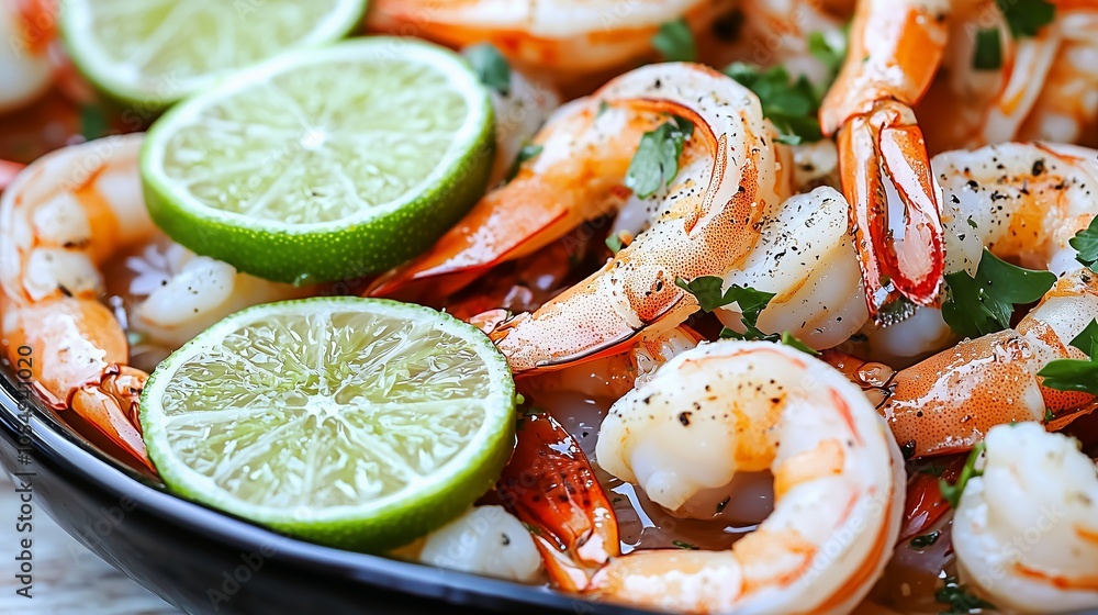 Fresh shrimp and lime slices in a bowl. Fresh shrimp and lime slices in a bowl.