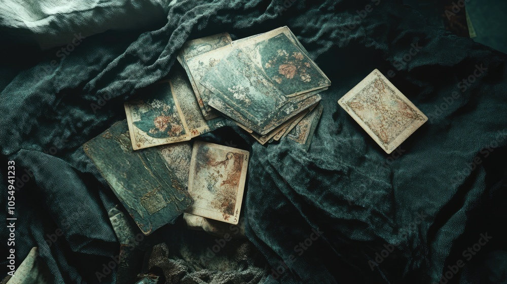 Naklejka premium Vintage Cards on Dark Fabric Background