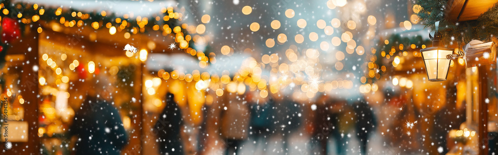 Snowy night market with glowing lights and lantern. Snowy night market with glowing lights and lantern.