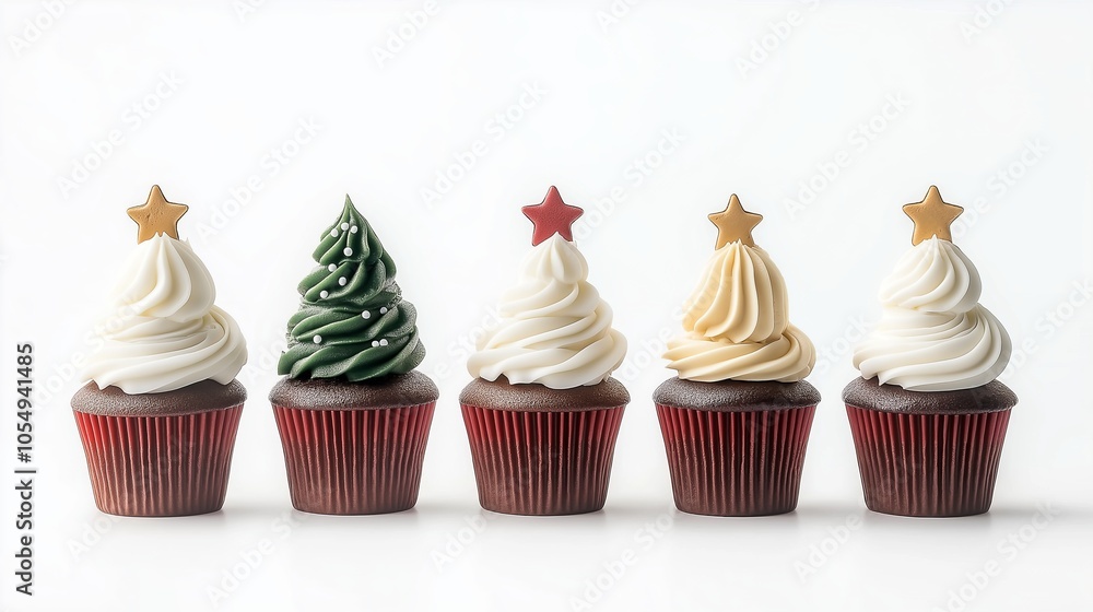 Five decorated cupcakes on a white background. Five decorated cupcakes on a white background.